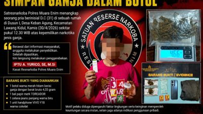 Pria 31 Tahun Ditangkap di Lawang Kidul, Simpan Ganja dalam Botol